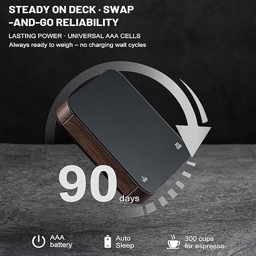 KitchenTour CaféMetric Coffee Scale with Timer 0.1g/2000g - Precision Small Scale for Espresso & Pour Over - Mini Scale with LED Display (Wood, AAA Battery)