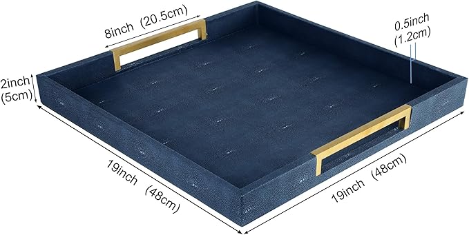 HofferRuffer Faux Leather Serving Tray with Gold Metal Handles, Stylish Decorative Tray Organizer for Coffee Table, Ottoman, Home Decor and Serving (Blue Shagreen, 18.9" x 18.9" x 2")