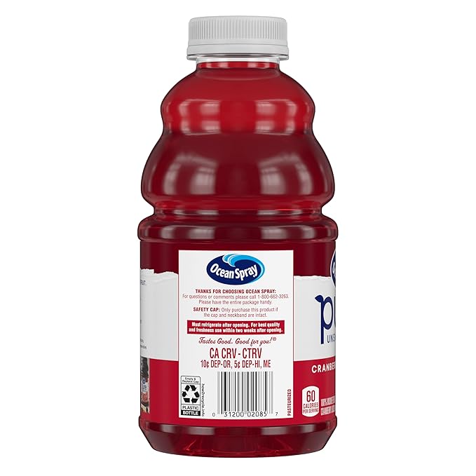 Ocean Spray® Pure Unsweetened Cranberry, 100% Cranberry Juice From Concentrate, 32 Fl Oz Bottle (Pack of 8)