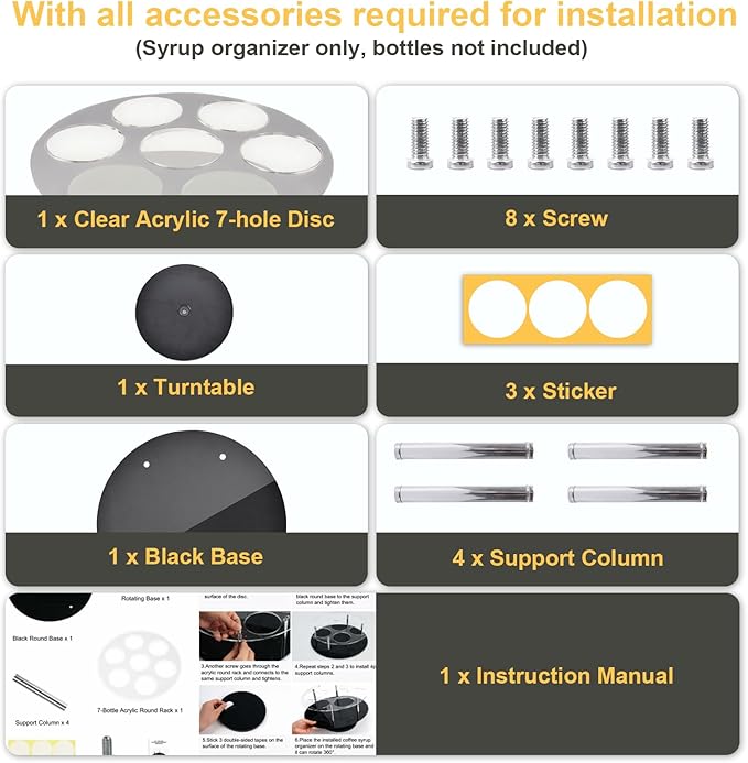 Large Rotating Coffee Syrup Organizer 7 Bottles Syrup Rack for Countertop, Acrylic Syrup Bottle Holder Stand for Coffee Bar Station, Turntable Wine Display Tray