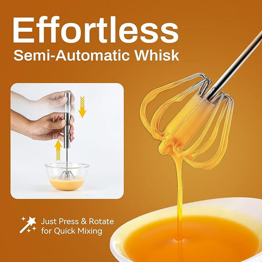 Stainless Steel Semi-Automatic Whisk, 2025 Upgraded Stainless Steel Egg Whisk Hand Push Rotary Whisk, Hand Push Mixer Stirrer Tool for Cooking Kitchen Home Egg Milk (14in)