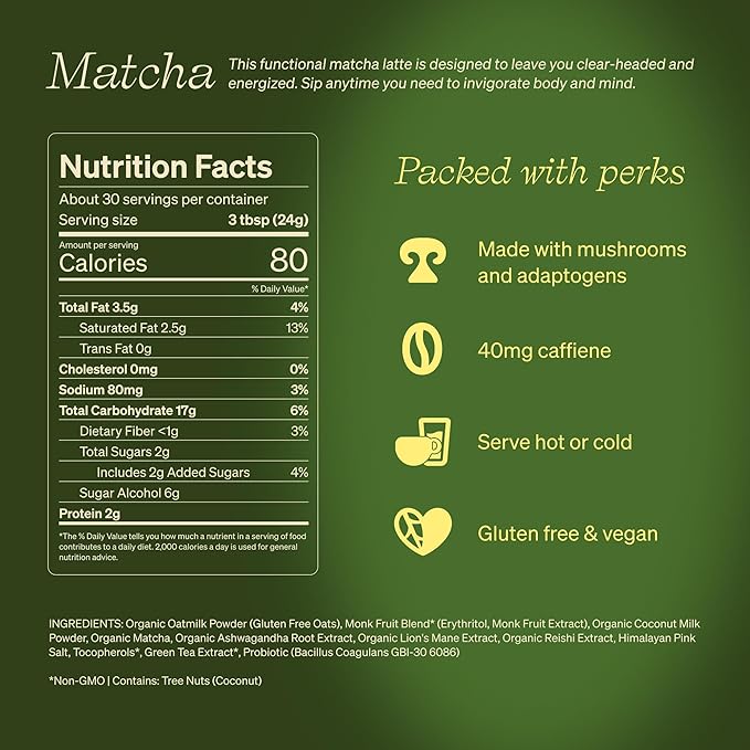 Clevr Organic Matcha Green Tea Latte, Instant Ceremonial Grade, Superfood Powder Blend with Oat Milk, Lions Mane, Reishi Mushroom, Coconut Cream, Ashwagandha, Serve Hot or Iced, (30 Lattes)