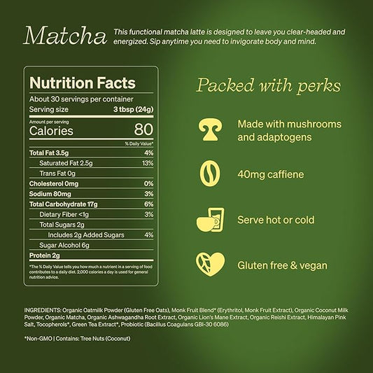 Clevr Organic Matcha Green Tea Latte, Instant Ceremonial Grade, Superfood Powder Blend with Oat Milk, Lions Mane, Reishi Mushroom, Coconut Cream, Ashwagandha, Serve Hot or Iced, (30 Lattes)