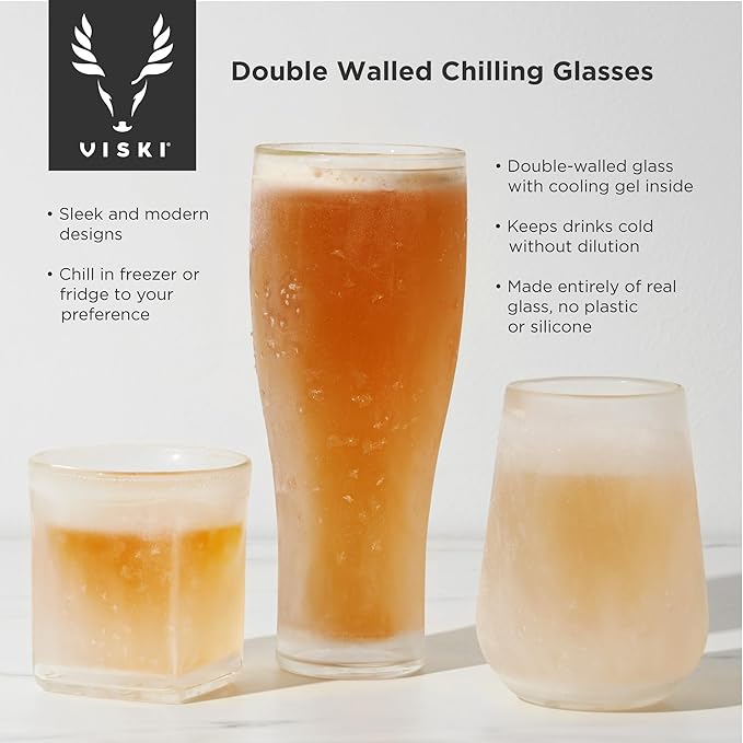 Viski Glacier Double Walled Beer Glass with Active Cooling Gel, Keeps Drinks Cold Longer for Indoor and Outdoor Parties, Home Bar, Birthday Gifts for Men, Beer Gifts for Dad, 16 oz, Set of 1