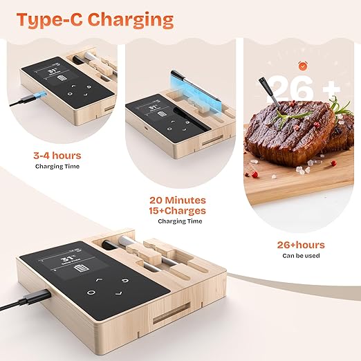 Smart Wireless Meat Thermometer with 2 Color-Coded Probes,Standalone Display Base, Accuracy ±1°F，Digital Bluetooth Thermometer for Cooking, Oven, Smoker, BBQ, Grill Real-Time Monitoring in App