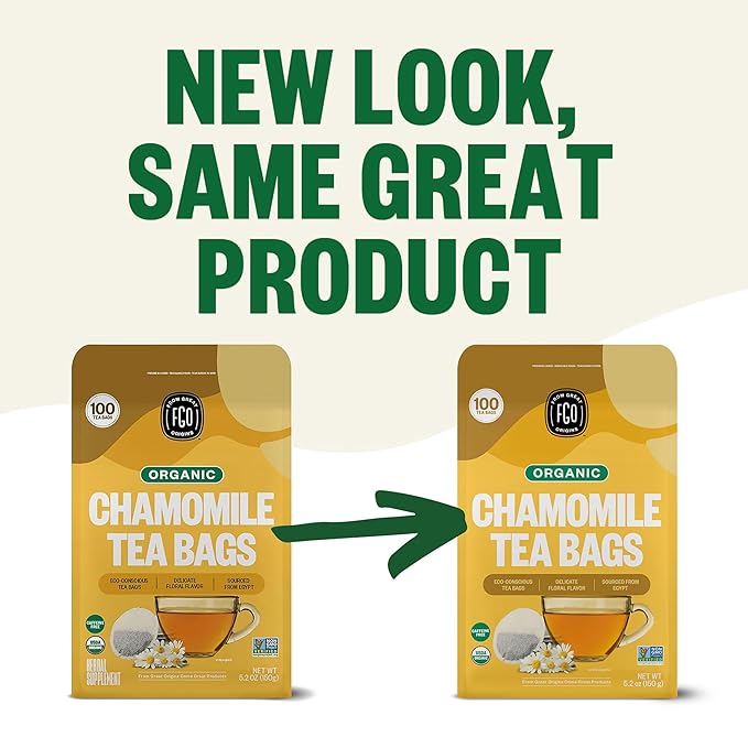 FGO Organic Chamomile Tea, 100 Eco-Conscious Tea Bags, Caffeine Free, Resealable Bag, Packaging May Vary (Pack of 1)