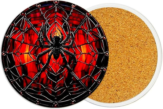 2Pack Spider Ceramic Coasters Absorbent Coasters for Drinks with Cork Base,Spider Coaster for Table Office Desk Decor Coffee Cup Wine Beer Bar Cup Mat 3.9 Inch,Spiders Gifts for Women,Men,Dad