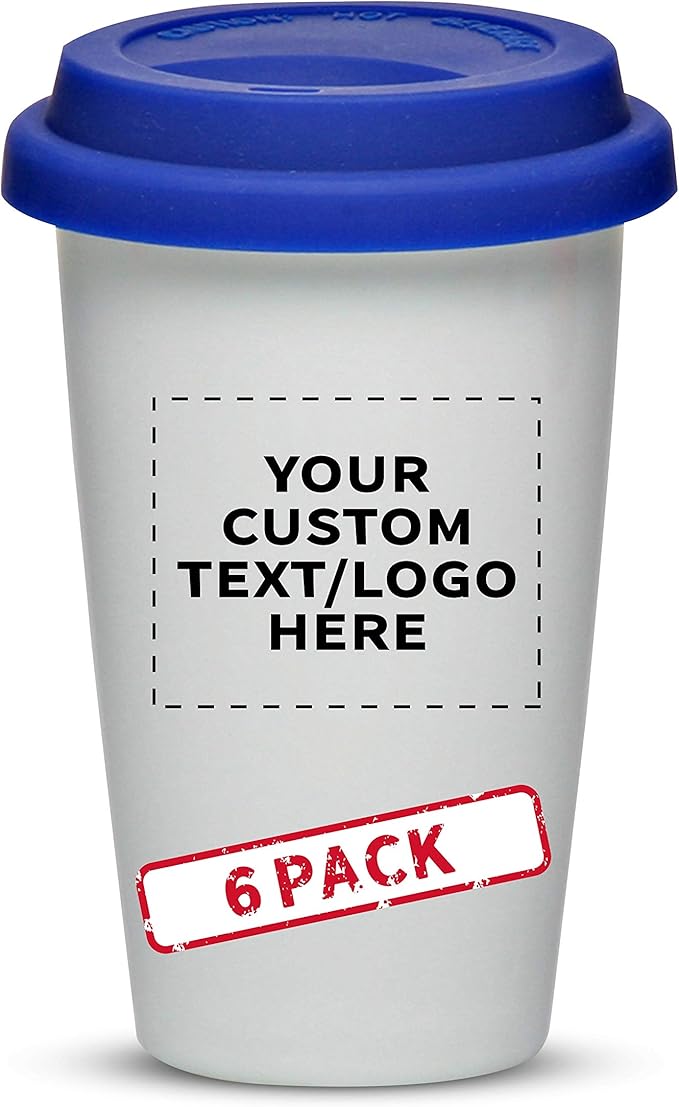 Personalized 11 oz. Double Wall Ceramic Tumblers with Lid - 6 Pack - Custom Text, Logo - Blue