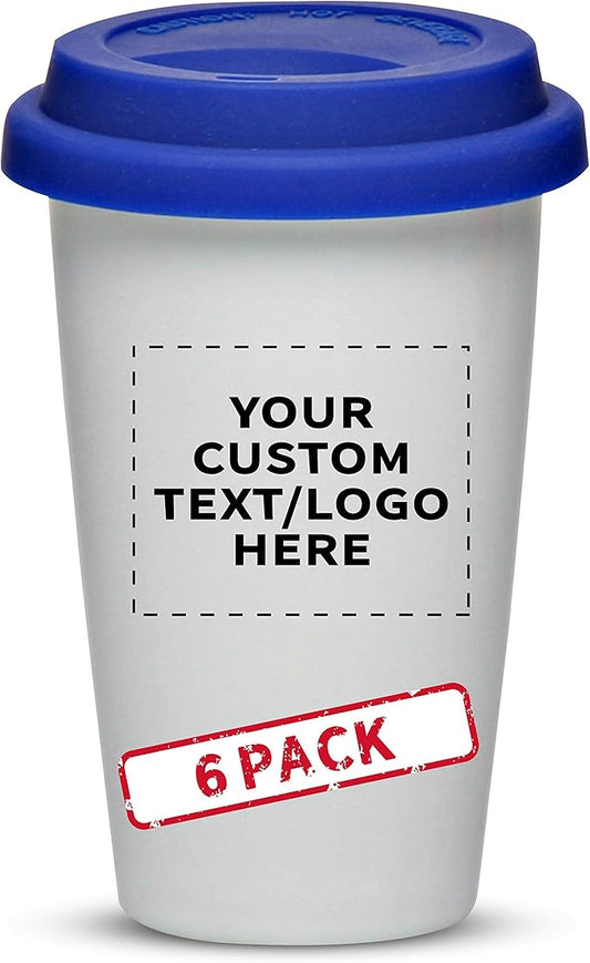 Personalized 11 oz. Double Wall Ceramic Tumblers with Lid - 6 Pack - Custom Text, Logo - Blue