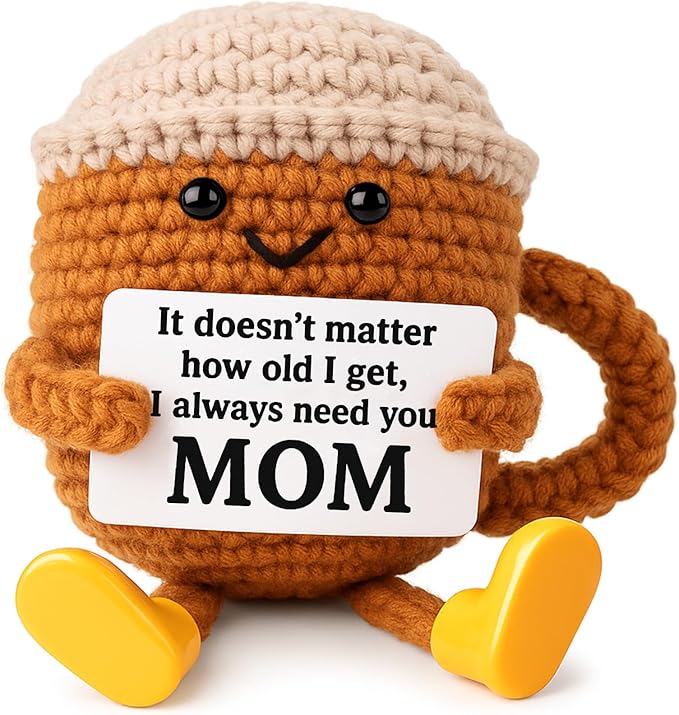 Birthday Gifts for Mom from Daughter Son Kids, Mothers Day Crochet Coffee Lover Gifts, Cute Funny Small Handmade Presents Meaningful Desk Decor