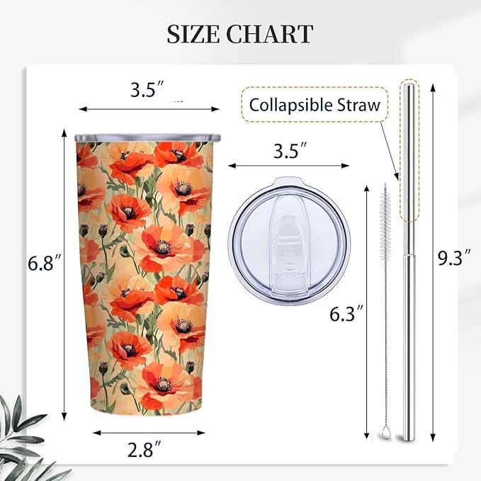 20 oz Tumbler, Floral Stainless Steel Travel Mug, Double Wall Vacuum Insulated Coffee Cup for Hot & Cold Drinks, Chirstmas or Birthday Gift for Men and Women, Printed Poppy Flower