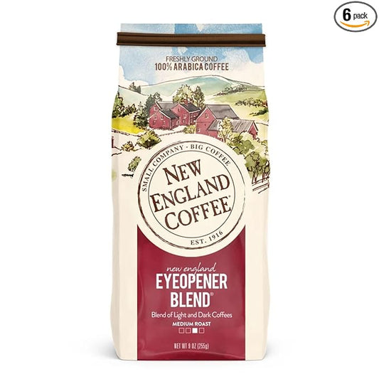 New England Coffee Eyeopener Blend Dark Roast Ground Coffee, 9oz Bag (Pack of 6)
