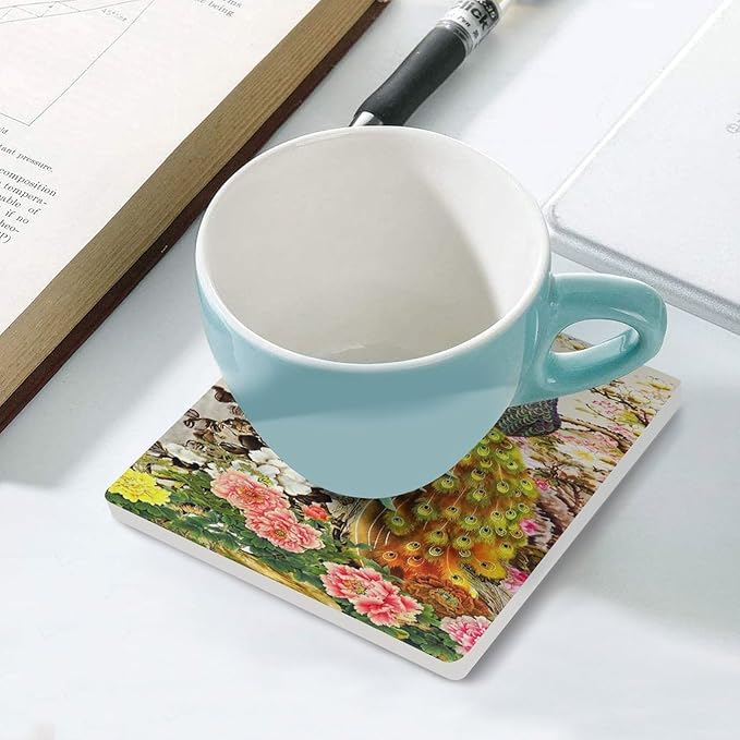 Square-4PCS Peacock Drink Coasters, Square Modern Ceramic Absorbent Coasters, Vintage Tree Branch Beautiful Plant Floral Gold Peacock Decor Desk Coffee Table Coaster for Beverage Cup Tea Coasters