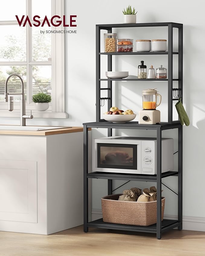 VASAGLE Coffee Bar, 23.6 Inches Baker's Rack for Kitchen with Storage, 6-Tier Kitchen Shelves with 6 Hooks, Microwave Stand, Industrial, Charcoal Gray and Ink Black UKKS024B22