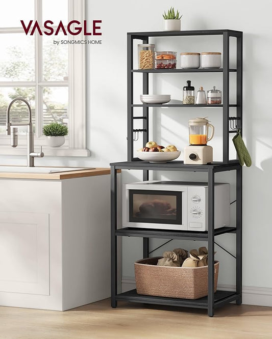 VASAGLE Coffee Bar, 23.6 Inches Baker's Rack for Kitchen with Storage, 6-Tier Kitchen Shelves with 6 Hooks, Microwave Stand, Industrial, Charcoal Gray and Ink Black UKKS024B22