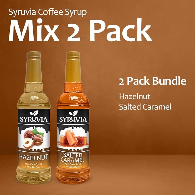 Syruvia Coffee Syrup Variety Pack - Hazelnut & Salted Caramel- Gluten - Free, Kosher, 25.4 fl oz Bottles - Enhance Your Coffee Experience with Premium Flavoring Syrups