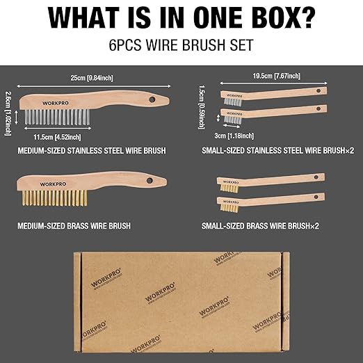 WORKPRO Wire Brush Set, 6 Pcs Brass/Stainless Steel Wire Scratch Brush Set, Small Large Size with Beechwood Handle for Cleaning Rust, Paint and Welding Slag