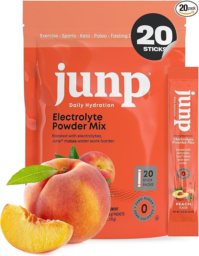 JUNP Sugar Free Electrolytes Powder Packets for Water Instant Hydration Packets with Salt & Potassium, Zero Calorie, No Carbs No Sugar Electrolyte Drink Mix Sticks, Keto Friendly, Juicy Peach 20 Pack
