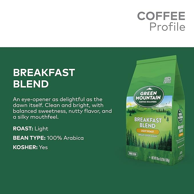 Green Mountain Coffee Roasters Breakfast Blend, Whole Bean Coffee, Bagged 18 oz (Pack of 2)