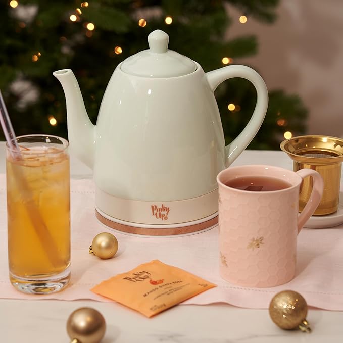 Pinky Up Noelle 1.5 L Ceramic Gooseneck Spout Electric Tea Kettle with Temperature Control - Cordless Design for Boiling Water Pot, Mint, Rose Gold
