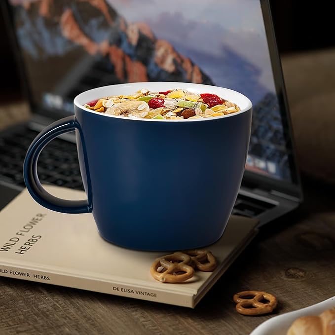 Porcelain Coffee Mug 30 OZ, Oversized Soup Mug Soup Bowl with Handle Jumbo Latte Cup for Coffee, Oatmeal, Gumbo, Salad, Microwave and Dishwahser Safe, Cool Blue