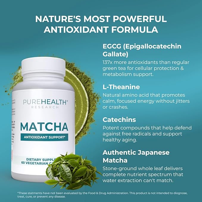 PUREHEALTH RESEARCH Matcha 1000 mg - Organic Ceremonial Grade Matcha Powder Supplement - EGCG Green Tea Extract Pills for Mental Clarity, Energy & Hearth Health - Vegan, Gluten Free - 60 Capsules