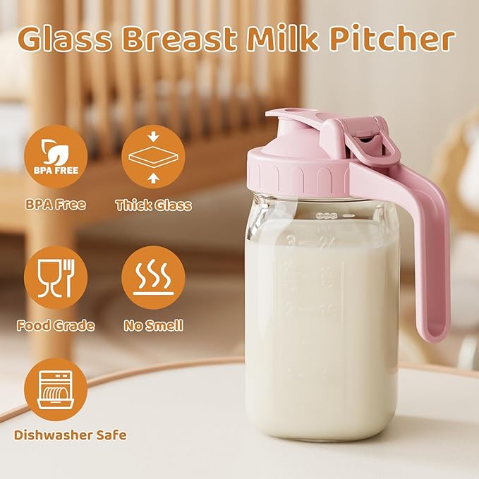 Breast Milk Pitcher, Mason Jar 32 oz, Heavy Duty Wide Mouth Jar with Pink Flip Cap Lid and Pour Spout, Airtight Seal for Freshness and Convenience, Great for Cold Beverages and Home Entertaining