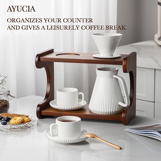 22OZ Pour Over Coffee Maker Set with Acacia Wood Stand and 5oz Cups&Saucers Set of 2, Ceramic White Cream V60 Pour Over Coffee Dripper Set for Home Café Restaurant Camping