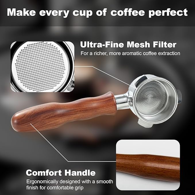 54mm Bottomless Portafilter with Puck Screen 18g Filter Basket Rosewood Handle Fit Breville Barista Express/Pro/Touch/Bambino Plus/Infuser Espresso Machines