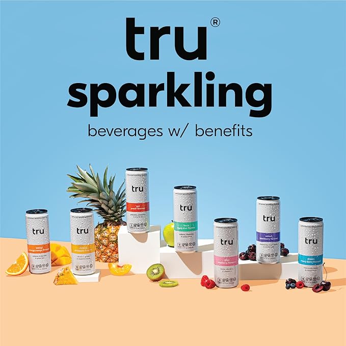 Tru Glow Seltzer, Sparkling Water with Biotin, Vitamin C, Vitamin A & Real Raspberry Juice, Sweetened with Monk Fruit & Stevia, Gluten Free, Vegan, Caffeine & Sugar Free, 12 FL OZ Cans, 12 Pack