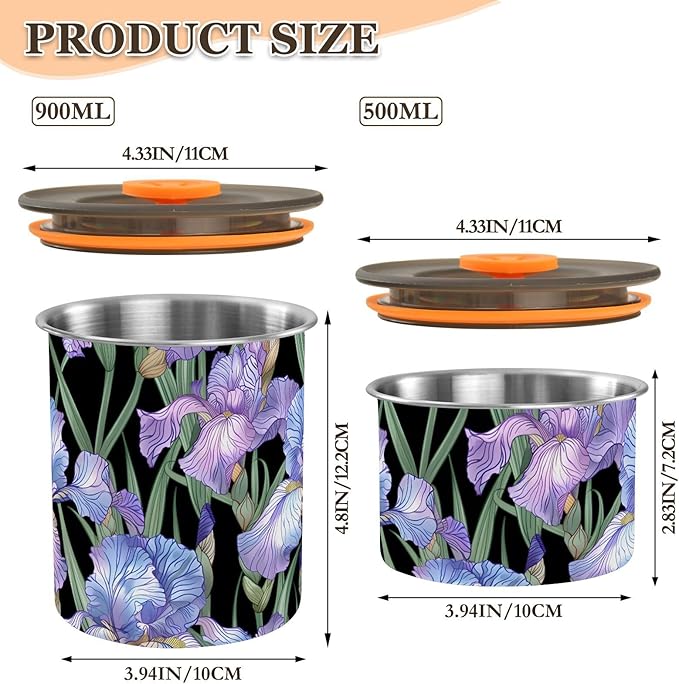 ALAZA Purple Iris Flowers Floral Airtight Coffee Bean Canister Customed 500ml Food Storage Containers with Lids For Gournd, Tea, Sugar, Flour, Rice, Cereal, Candy Cookie Jar