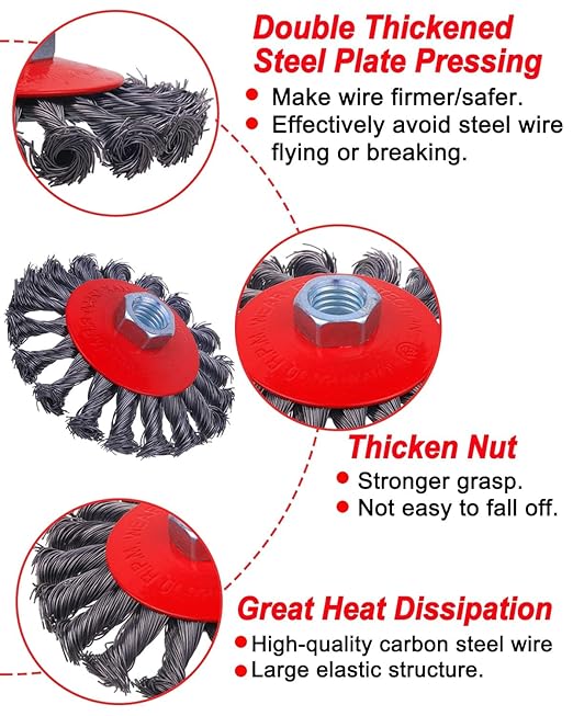 Rocaris 6 Pack Wire Wheel Cup Brush for Angle Grinder, 3 & 4 Inch Twisted Knotted & Coarse Crimped Cup Brush for Cleaning Rust, 5/8 -11 Inch Threaded Arbor