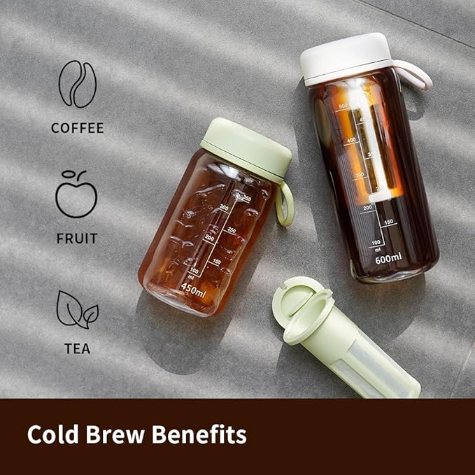 watchget Cold Brew Coffee Maker Travel Tumbler with Soft Silicone Handle Portable Iced Coffee & Tea Infuser with Airtight Lid Cold Brew Travel Cup 20oz/600ml Green
