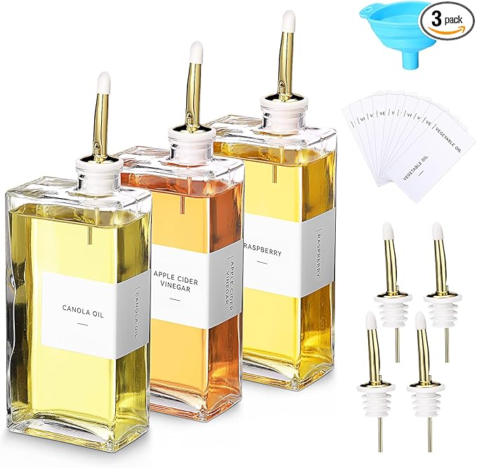3 Sets Olive Oil Dispenser Bottles for Kitchen with Nozzles Funnel Labels Cooking Oil Dispenser 500ml Set for Kitchen Vinegar Coffee Syrup (Gold)