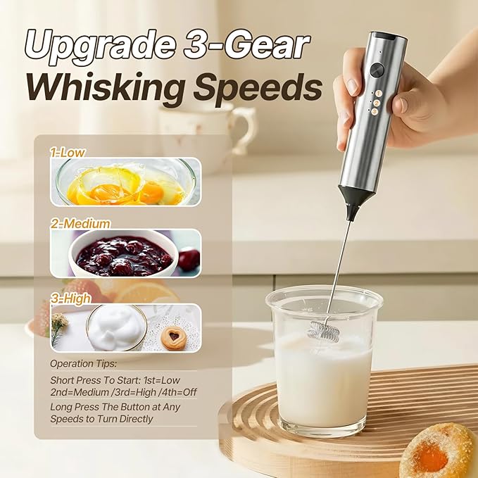 Upgraded Rechargeable Milk Frother Handheld, 3-Speed Electric Frother with 2 Whisks (Frother & Egg Whisk),304 Stainless Steel Drink Mixer for Coffee, Cappuccino, Hot Chocolate, Ideal Christmas Gift