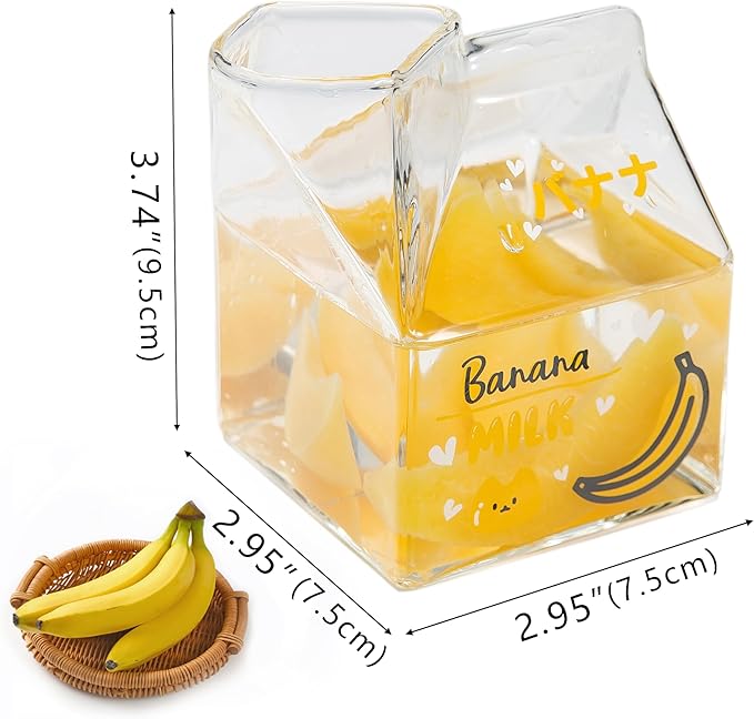 Kawaii Glass Milk Carton Cup Clear Cute Milk Cup Mini Creamer Pitcher Container Microwavable 12 Oz, 1Pcs(Banana)