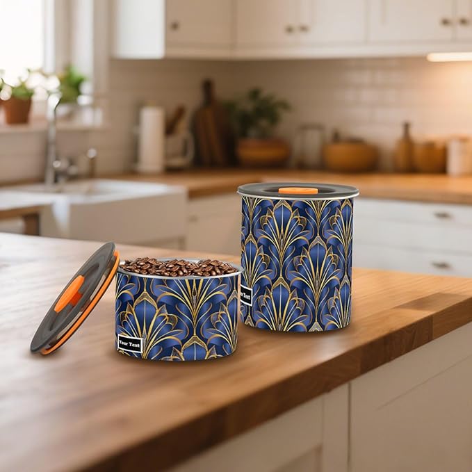 ALAZA Royal Blue & Golden Art Deco Floral Airtight Coffee Bean Canister Customed 500ml Food Storage Containers with Lids For Gournd, Tea, Sugar, Flour, Rice, Cereal, Candy Cookie Jar