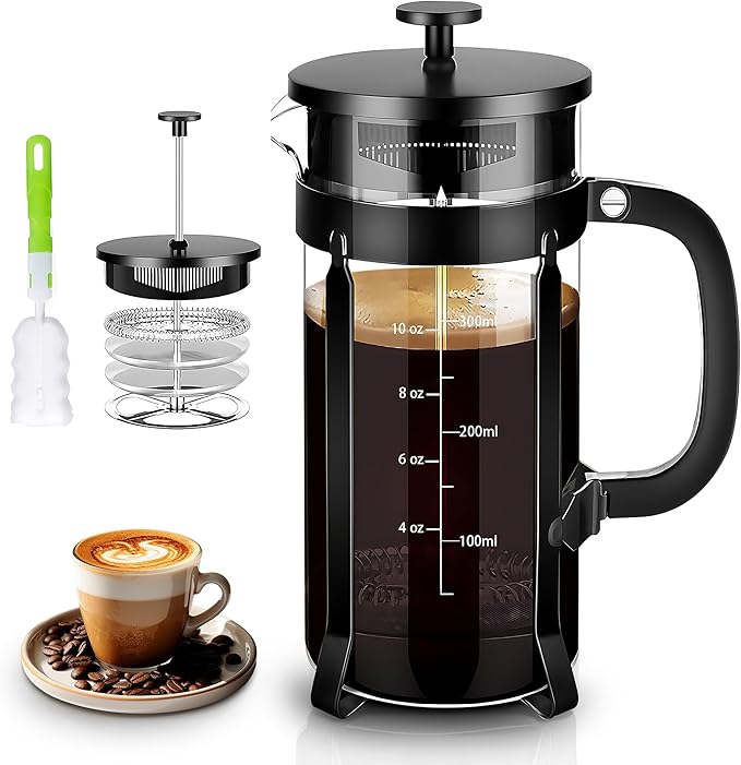 YMMIND French Press Coffee Maker 304 Stainless Steel Coffee Press,with 4 Filters System, Heat Resistant Thickness Borosilicate French Press Glass, BPA-Free Brewed Tea Pot Coffee Plunger(Copper 12oz)