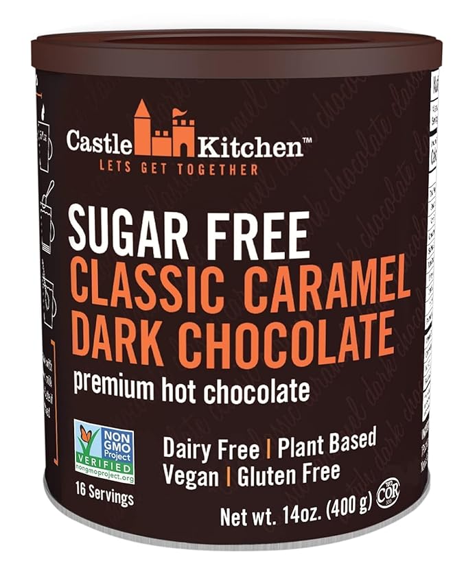 Castle Kitchen Sugar Free Caramel Dark Hot Chocolate - Premium Plant Based, Dairy Free, Gluten-Free, Vegan Hot Coca Mix - Just Add Water - 14 oz Can