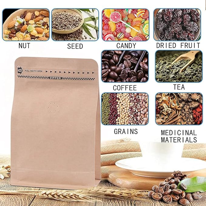 REMTAP Coffee Bags with Valve High Barrier Aluminumed Foil Flat Bottom Standing Coffee Beans Storage Bags,Reusable Heat Sealable Side Zipper Pouches (8oz/50pcs, Kraft)