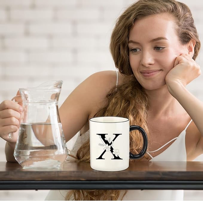 Monogram Ceramic Coffee Mugs, 11 oz Initial Drinking Cup with Gift Box, Unique Birthday Valentines Day Gifts for Women Wife Mothers Day Grandma Mom Aunt, X