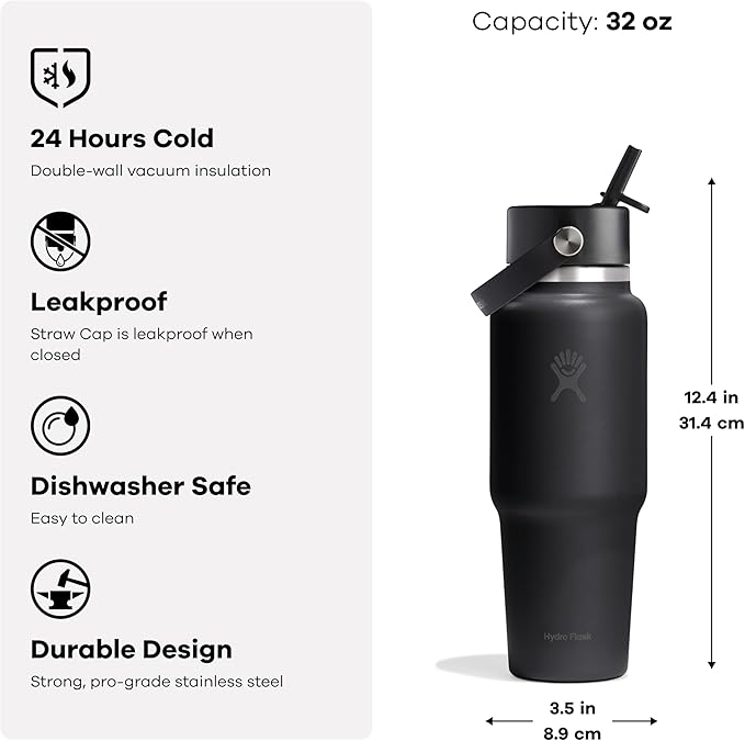 Hydro Flask Travel Water Bottle - Insulated Stainless Steel - Wide Straw Lid, Non Spill, Leakproof in 32 Oz Shale Gray