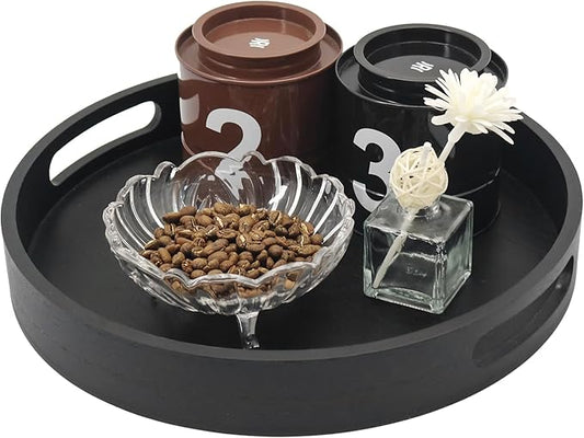 Round Decorative Tray,Wooden Serving Tray with Handles, 11.8in Black Decorative Trays for Coffee Table,Kitchen Counter,bandejas decorativas