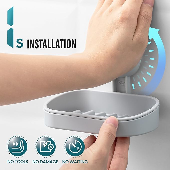 TAILI Soap Dish Bar Holder Suction Cup,Soap Saver with Powerful Vacuum Suction,Sponge Holder for Shower,Bathroom,Tub and Kitchen Sink, Universal Shower Accessories,Drill-Free,Removable,Grey