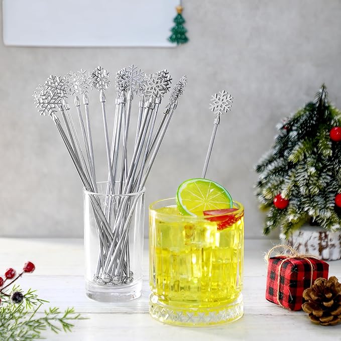 10 Pack Winter Snowflake Drink Stirrers Hot Cocoa Bar Chocolate Supplies Cocktail Stir Sticks Metal Swizzle Sticks 7.9 Inch Snowflake Coffee Stirrers Reusable for Winter Party Decor