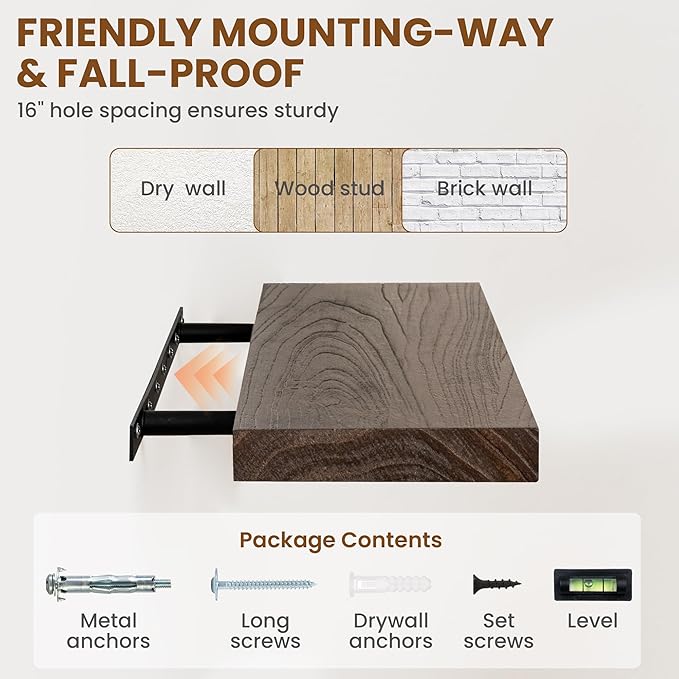 72 Inch Floating Shelves for Wall 1 Pack Shelves for Bedroom, Bathroom, Kitchen, Wall Mounted Rustic Solid Elm Wood Floating Shelf with Invisible Bracket for Books, Decor, Storage, Walnut