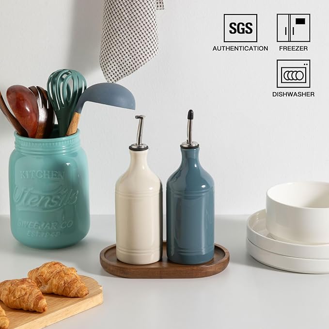 Sweejar Ceramic Olive Oil Dispenser Bottle Set, Opaque Oil Cruet Protects to Reduce Oxidation, Suitable For Storage Of Vinegar, Soy Sauce & Other Liquids,Pack of 2,15.5 Fl Oz (Beige Fogblue)