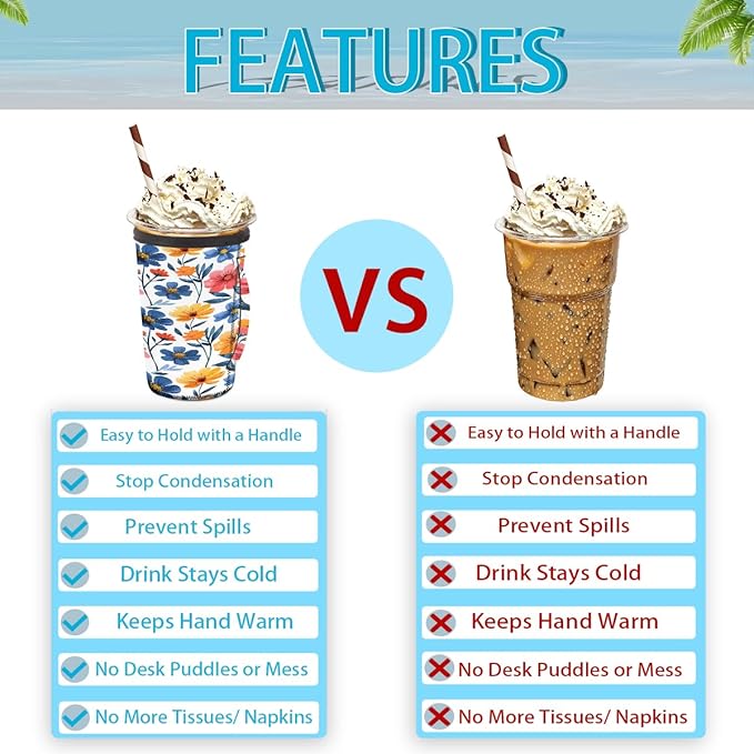 Reusable Iced Coffee Cup Sleeve Colorful Flowers Neoprene Insulated Sleeves Cup Holder with handle Idea for 16oz - 18oz
