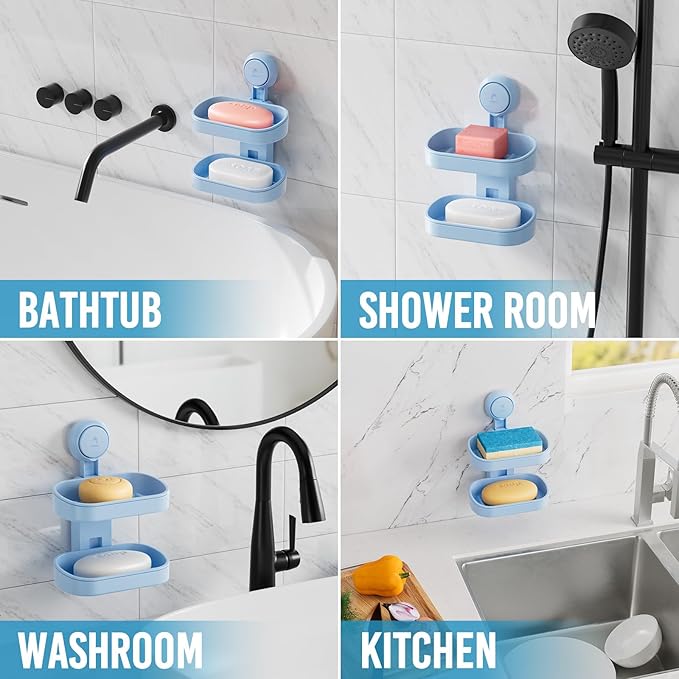 TAILI Double Layer Soap Dish Holder Suction Cup, Strong Sponge Holder for Shower, No Tools Soap Saver for Bathroom, Tub and Kitchen Sink, Shower Accessories, Drill-Free, Removable, Blue