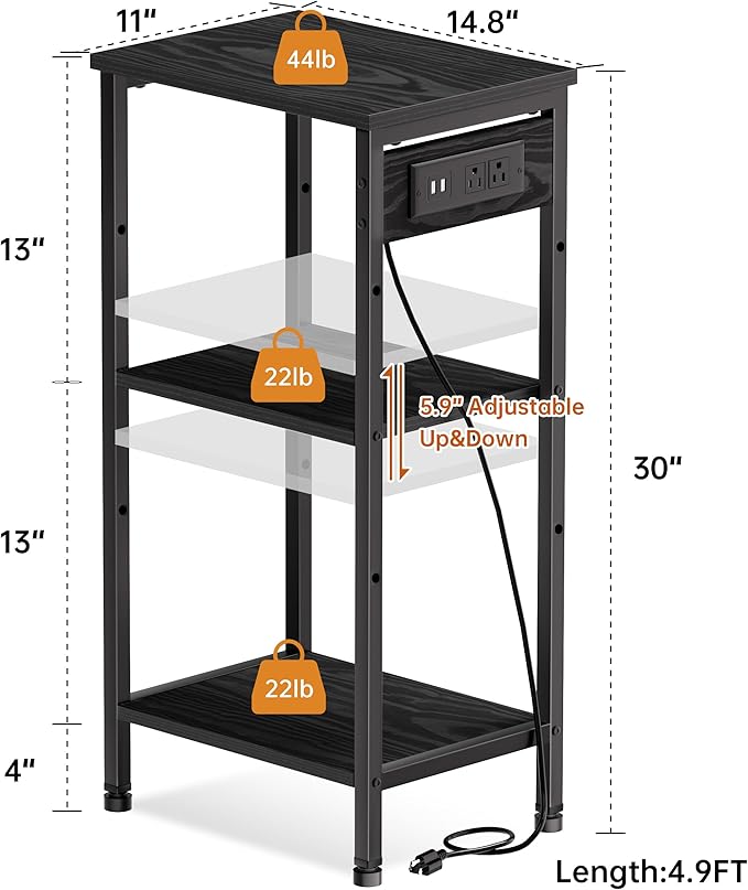 Tall Nightstand with Charging Station, 3 Tier Narrow Tall End Table with Storage, Slim Side Table with USB Ports and Outlets for Bedroom, Living Room, Office, Black